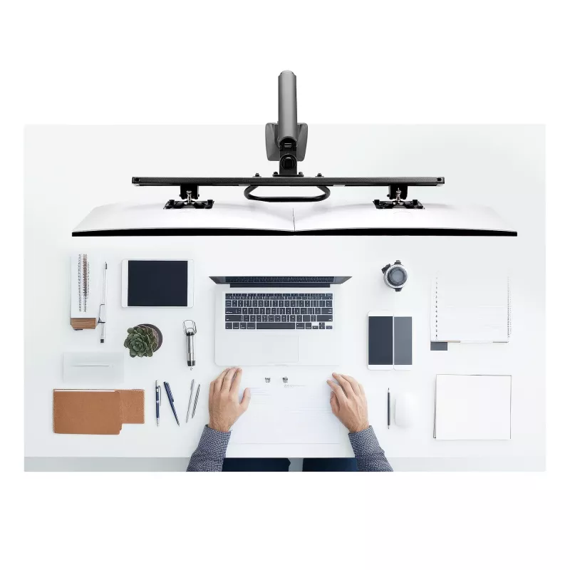 StarTech.com stalinis dvigubas monitoriaus laikiklis su skersiniu, iki 27 colių ekranams, VESA 75x75/100x100, maks. 15 kg, C formos spaustuvas, visiškai lankstus, mechaninė spyruoklė, TAA