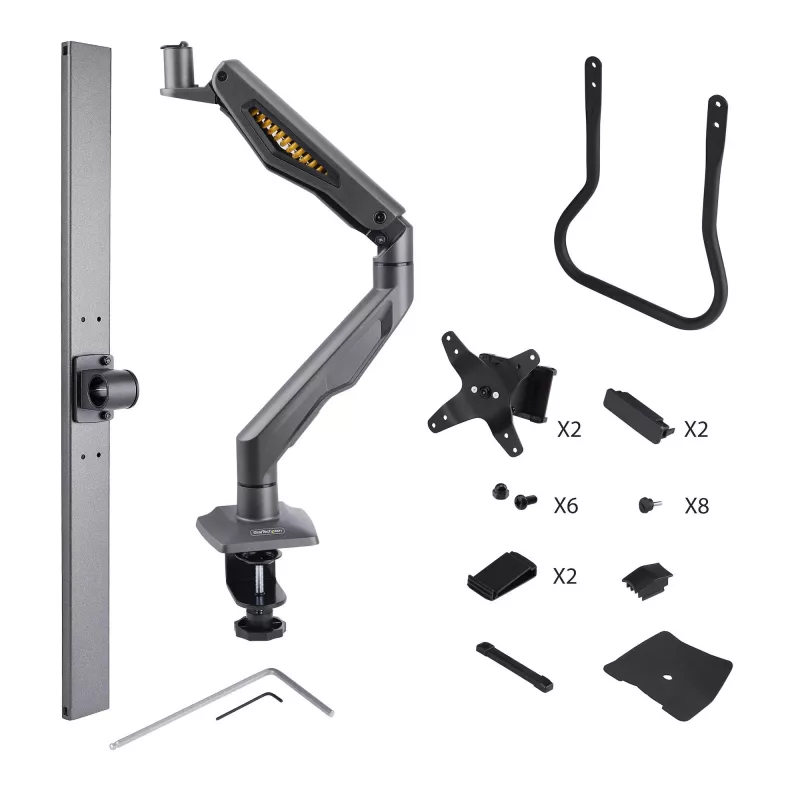 StarTech.com stalinis dvigubas monitoriaus laikiklis su skersiniu, iki 27 colių ekranams, VESA 75x75/100x100, maks. 15 kg, C formos spaustuvas, visiškai lankstus, mechaninė spyruoklė, TAA