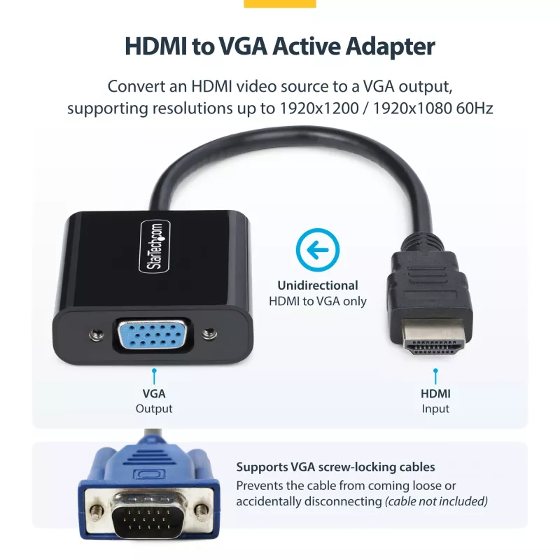 StarTech.com HDMI į VGA adapteris, aktyvus vaizdo keitiklis nešiojamiesiems / stacionariesiems kompiuteriams, 1920 × 1080 (1080p), HDMI šaltinis į VGA monitorių / ekraną / projektorių