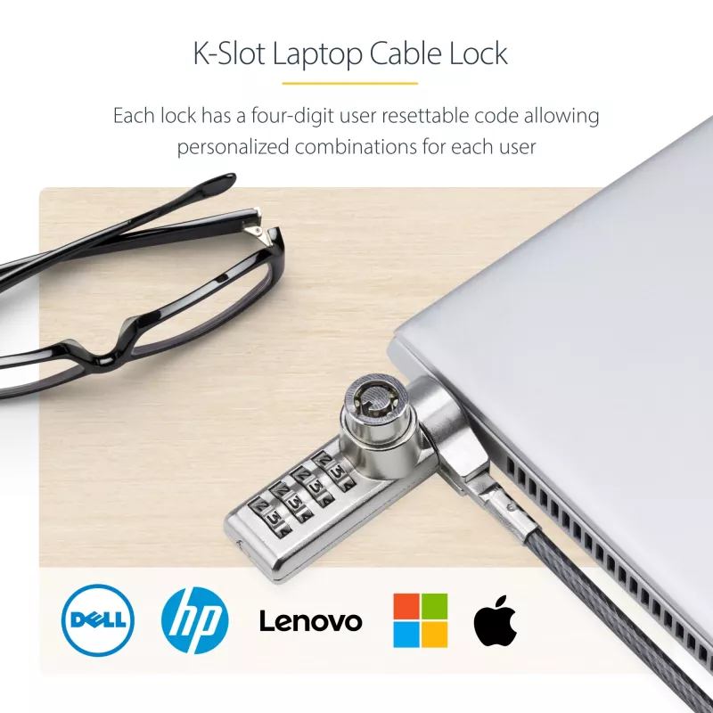 StarTech.com 10-Pack Dual-Access Laptop Lock, 6.5ft (2m) Keyed Alike and Combination Security kabelis Lock for K-Slot Devices, Computer Anti-Theft Steel kabelis