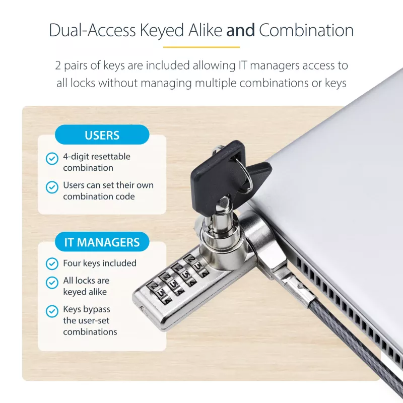 StarTech.com 10-Pack Dual-Access Laptop Lock, 6.5ft (2m) Keyed Alike and Combination Security kabelis Lock for K-Slot Devices, Computer Anti-Theft Steel kabelis