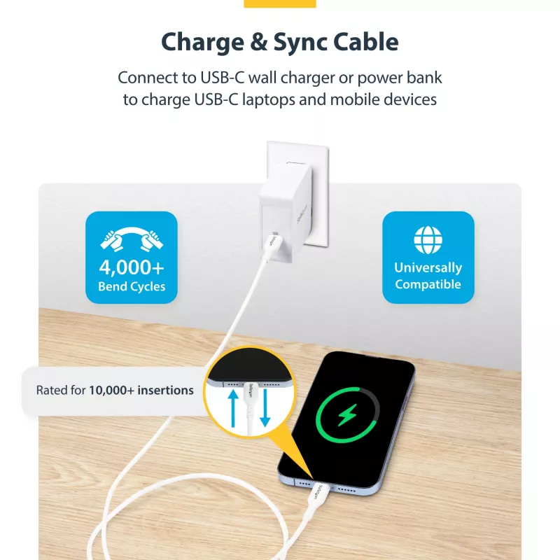 “StarTech.com” 3 m (9,8 pėd.) baltas USB-C įkrovimo kabelis, USB C laidas, USB 2.0 C tipo nešiojamojo kompiuterio įkroviklio laidas, 60 W 3 A maitinimo tiekimas, TPE apvalkalas, USB-C duomenų perdavimo laidas, M/M