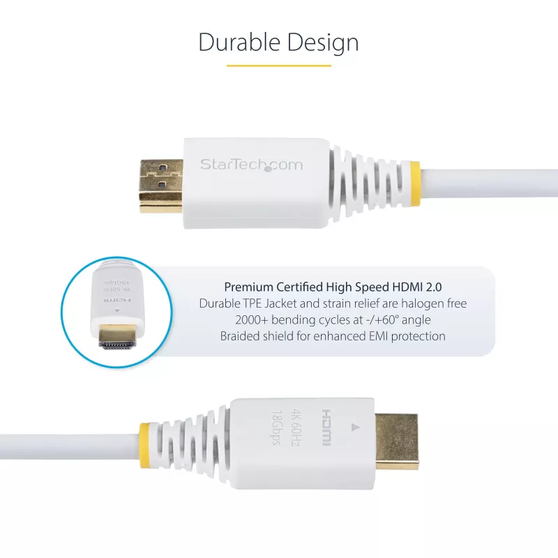 StarTech.com 10 pėdų (3 m) Premium sertifikuotas didelės spartos HDMI laidas, 4K 60 Hz/1440p 144 Hz, HDR10/HDCP 2.2/ARC, 18 Gbps, UHD HDMI 2.0 laidas televizoriui/monitoriui/ekranui, TPE apvalkalas, baltas