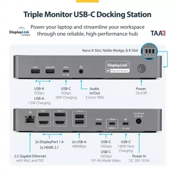 StarTech.com trijų monitorių USB-C prijungimo stotelė, 140 W nešiojamojo kompiuterio įkrovimo dokas, skirtas MacBook Pro ir Windows, 4K 60 Hz HDMI arba DisplayPort, TAA
