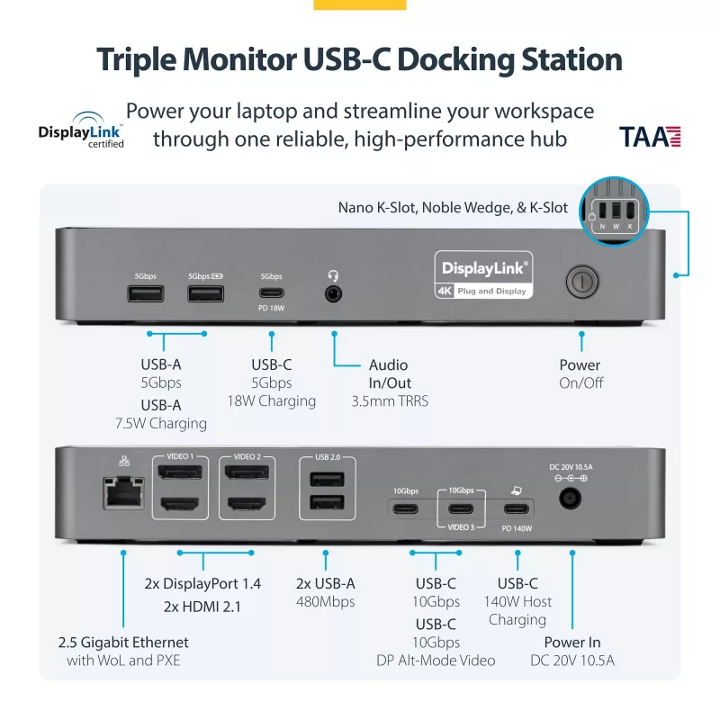 StarTech.com trijų monitorių USB-C prijungimo stotelė, 140 W nešiojamojo kompiuterio įkrovimo dokas, skirtas MacBook Pro ir Windows, 4K 60 Hz HDMI arba DisplayPort, TAA
