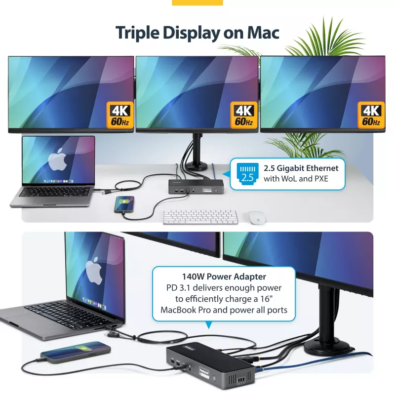 StarTech.com trijų monitorių USB-C prijungimo stotelė, 140 W nešiojamojo kompiuterio įkrovimo dokas, skirtas MacBook Pro ir Windows, 4K 60 Hz HDMI arba DisplayPort, TAA