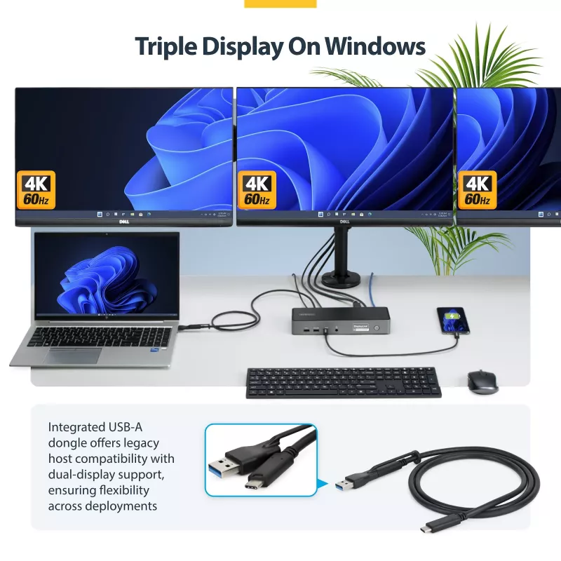 StarTech.com trijų monitorių USB-C prijungimo stotelė, 140 W nešiojamojo kompiuterio įkrovimo dokas, skirtas MacBook Pro ir Windows, 4K 60 Hz HDMI arba DisplayPort, TAA