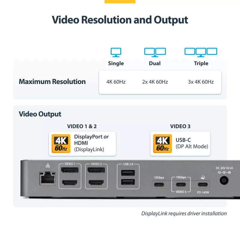 StarTech.com trijų monitorių USB-C prijungimo stotelė, 140 W nešiojamojo kompiuterio įkrovimo dokas, skirtas MacBook Pro ir Windows, 4K 60 Hz HDMI arba DisplayPort, TAA