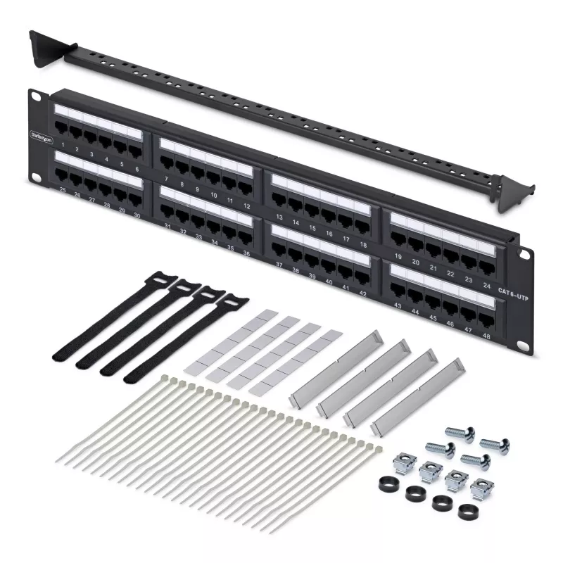 StarTech.com 48 prievadų 2U ant stovo montuojamas Cat6 pataisų skydas, RJ45, UTP, 110 tipo įspaudimas, Cat 6 eterneto pataisų skydas tinklo serverių stovui