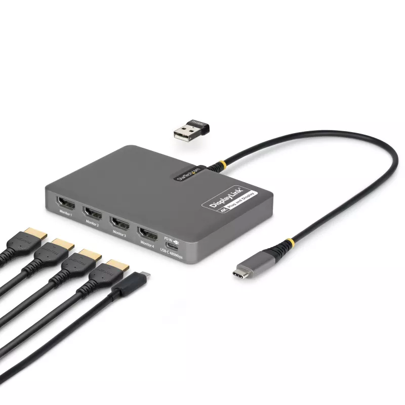 StarTech.com USB-C į keturių monitorių darbo vietos adapteris, 4K 60Hz HDMI, 140W PD maitinimo perdavimas nešiojamam kompiuteriui įkrauti, USB prievadas belaidei klaviatūrai / pelei, TAA