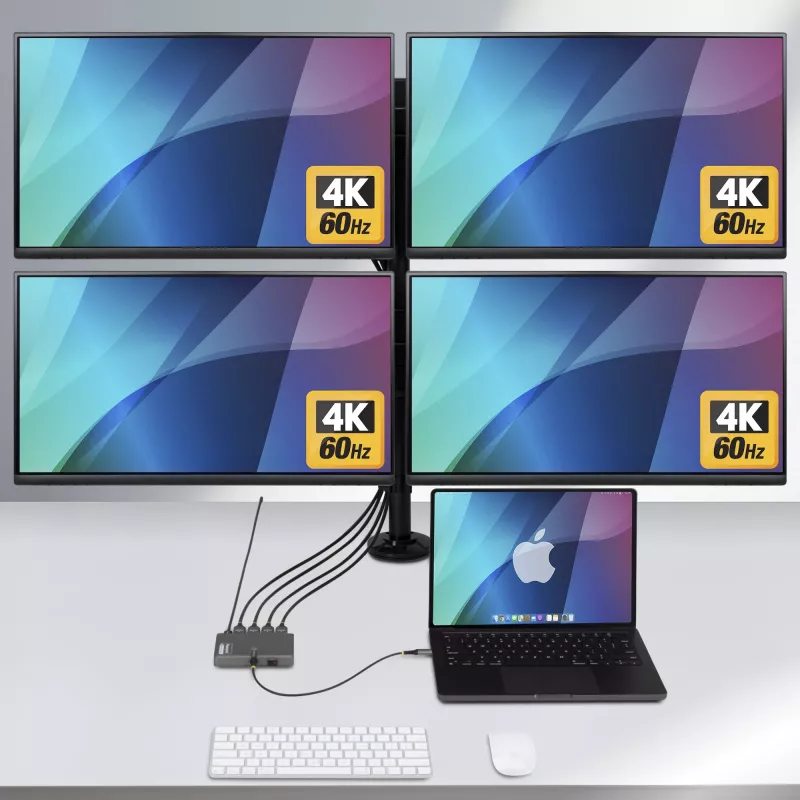 StarTech.com USB-C į keturių monitorių darbo vietos adapteris, 4K 60Hz HDMI, 140W PD maitinimo perdavimas nešiojamam kompiuteriui įkrauti, USB prievadas belaidei klaviatūrai / pelei, TAA