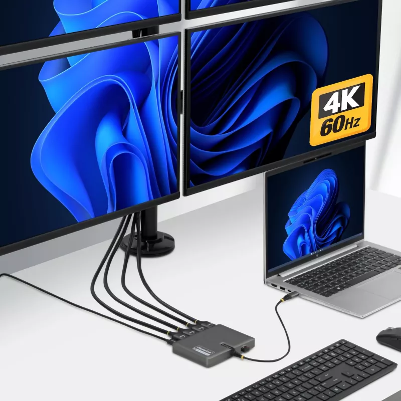 StarTech.com USB-C į keturių monitorių darbo vietos adapteris, 4K 60Hz HDMI, 140W PD maitinimo perdavimas nešiojamam kompiuteriui įkrauti, USB prievadas belaidei klaviatūrai / pelei, TAA