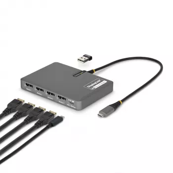 “StarTech.com” USB-C į keturis monitorius darbo stoties adapteris, 4K 60Hz DisplayPort, 140W maitinimo pralaidumas nešiojamam kompiuteriui įkrauti, USB prievadas belaidei klaviatūrai / pelei, TAA