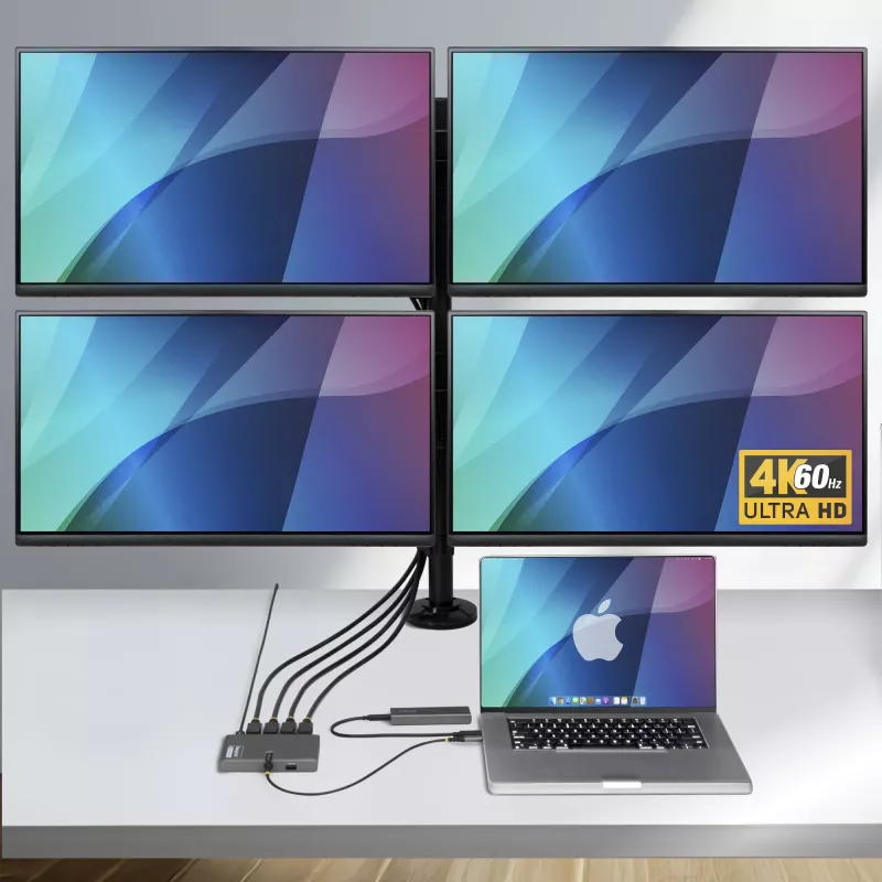 “StarTech.com” USB-C į keturis monitorius darbo stoties adapteris, 4K 60Hz DisplayPort, 140W maitinimo pralaidumas nešiojamam kompiuteriui įkrauti, USB prievadas belaidei klaviatūrai / pelei, TAA