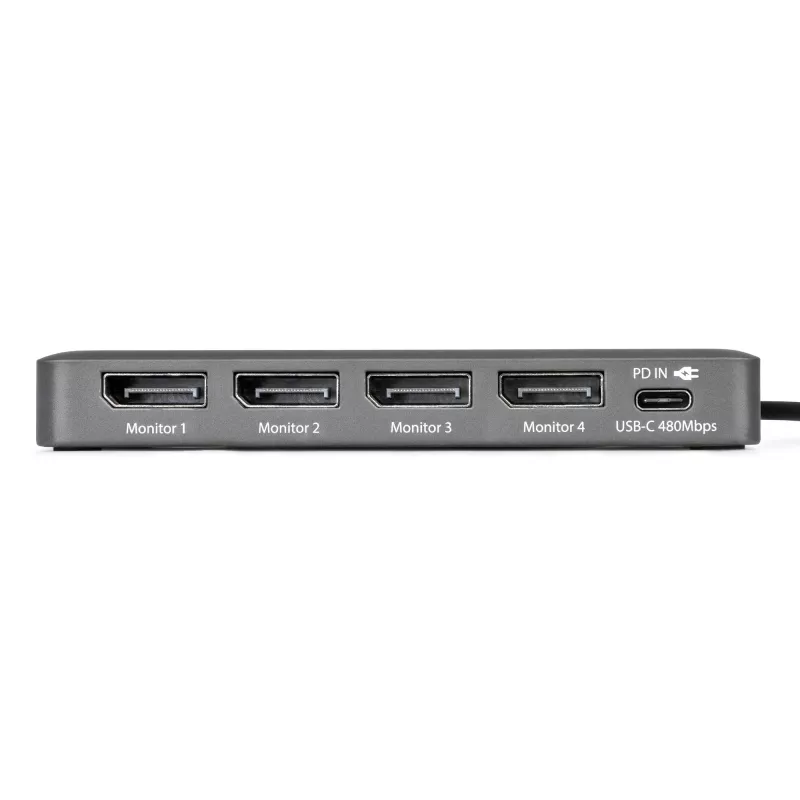 “StarTech.com” USB-C į keturis monitorius darbo stoties adapteris, 4K 60Hz DisplayPort, 140W maitinimo pralaidumas nešiojamam kompiuteriui įkrauti, USB prievadas belaidei klaviatūrai / pelei, TAA