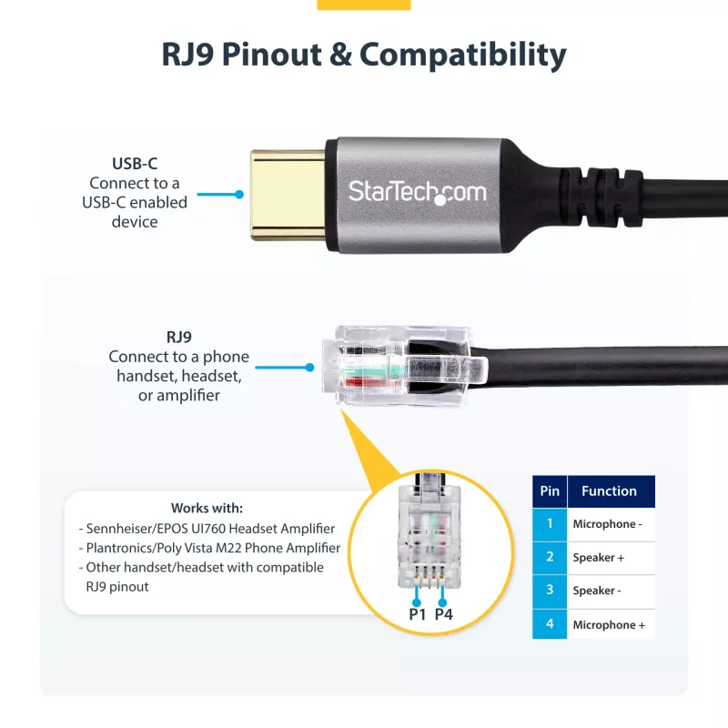 StarTech.com UR9-HEADSET-ADAPTER jungčių adapteris USB-C RJ-9 Juoda