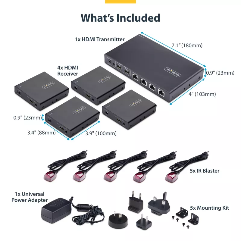 StarTech.com 4 prievadų HDMI ilgintuvas ir skirstytuvas per CAT6, 4K 60Hz, iki 230 pėdų (70 m), 1x4 HDMI platinimo per Ethernet rinkinys su IR ir maitinimu per kabelį