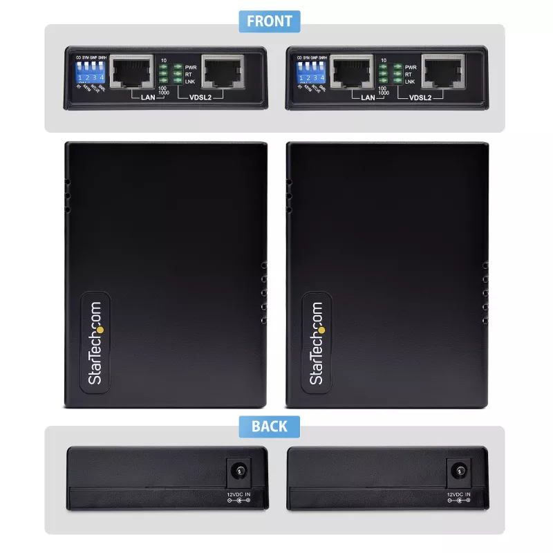 StarTech.com VDSL2 eterneto plėtiklio rinkinys per vieną porą laidų, iki 0,6 mylios (1 km) ilgo nuotolio LAN kartotuvas per telefono liniją/CAT5e/CAT6, iki 300 Mbps, pakeičia 110VDSLEXTEU – TAA