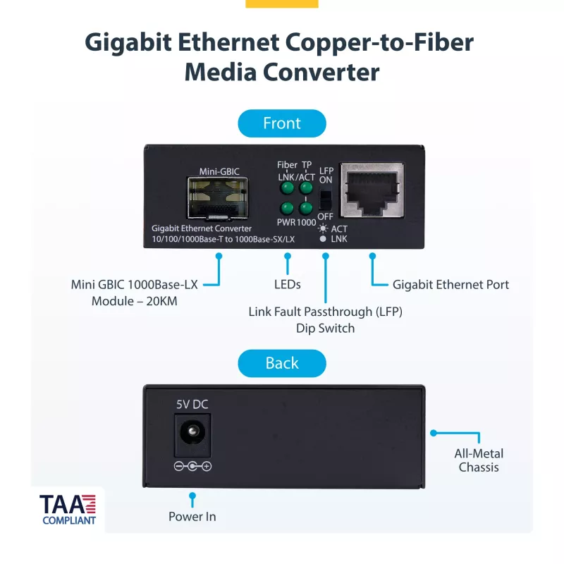 StarTech.com Gigabit Ethernet vario į šviesolaidį keitiklis, SM LC, 20 km, 10/100/1000 Mbps, RJ45 į LC, pilnai metalinis, 9K jumbo kadrai, TAA atitinkantis