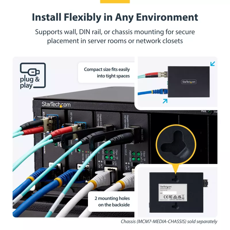 StarTech.com Gigabit Ethernet vario į šviesolaidį keitiklis, SM LC, 20 km, 10/100/1000 Mbps, RJ45 į LC, pilnai metalinis, 9K jumbo kadrai, TAA atitinkantis