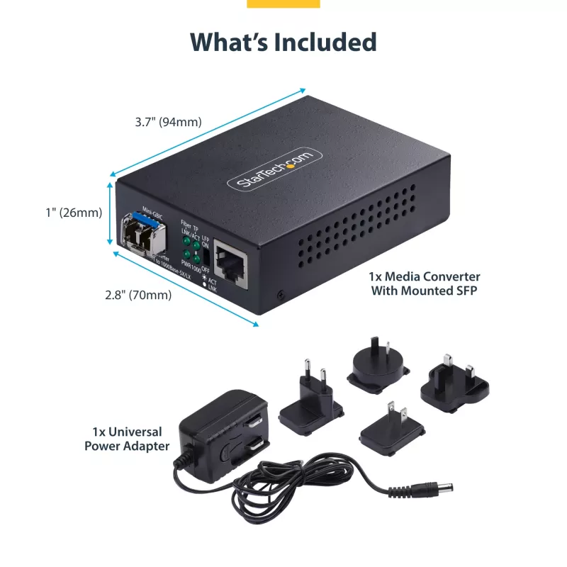 StarTech.com Gigabit Ethernet vario į šviesolaidį keitiklis, SM LC, 20 km, 10/100/1000 Mbps, RJ45 į LC, pilnai metalinis, 9K jumbo kadrai, TAA atitinkantis