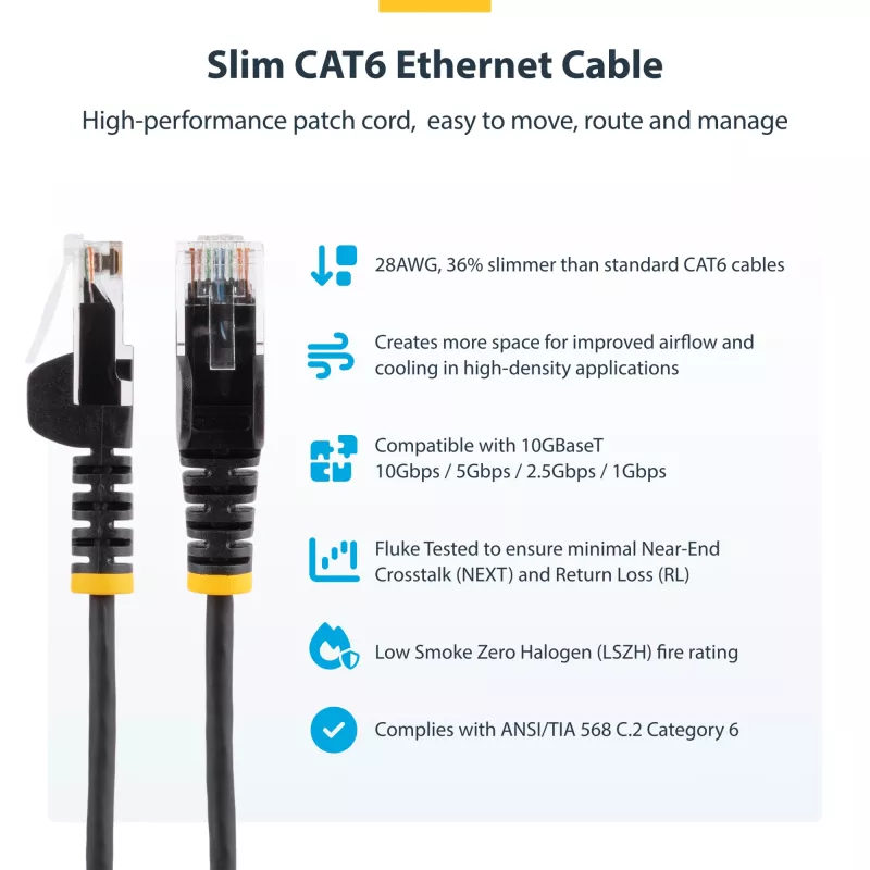 StarTech.com 3 m baltas plonas CAT6 eterneto kabelis, be užkliuvimų, 100 W PoE, UTP, LSZH, 28AWG gryno vario gijos, plonas RJ45 tinklo komutacinis kabelis su įtempimo sumažinimais, individualiai testuotas