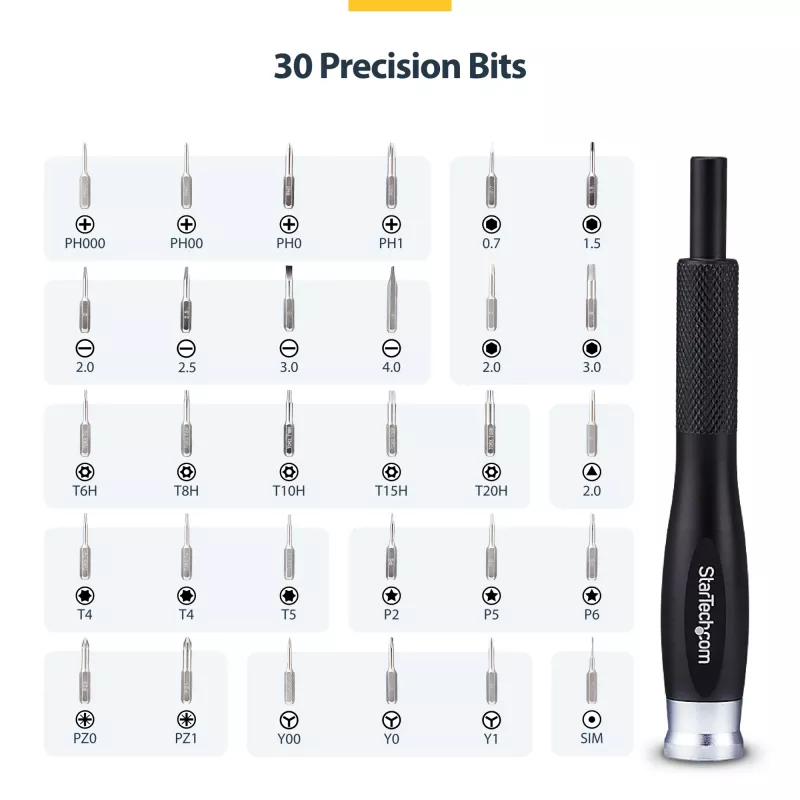StarTech.com 40 dalių kompiuterių remonto įrankių rinkinys nešiojamiesiems kompiuteriams / asmeniniams kompiuteriams / elektronikai / telefonams, 30 antgalių precizinių atsuktuvų rinkinys, nuimamas dangtelis su magnetine dalimis, atidarymo įrankiai