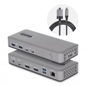 StarTech.com Dviejų monitorių USB-C prijungimo stotelė, DisplayPort, 4K 60Hz, 100W nešiojamojo kompiuterio įkrovimas, 1GbE, nereikia tvarkyklių, kelių monitorių dokas, skirtas Windows
