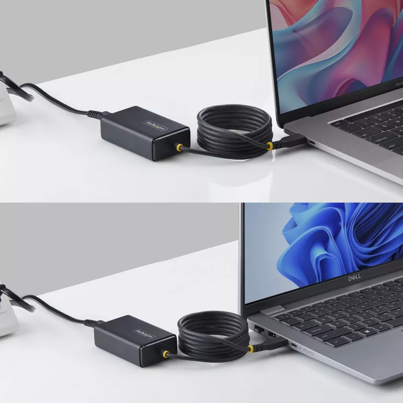 StarTech.com 65W USB-C nešiojamojo kompiuterio įkroviklis, 1,5 m pritvirtintas USB-C kabelis, maitinimo adapterio blokas, skirtas Dell, XPS, HP ProBook, MacBook Pro, Microsoft Surface Pro