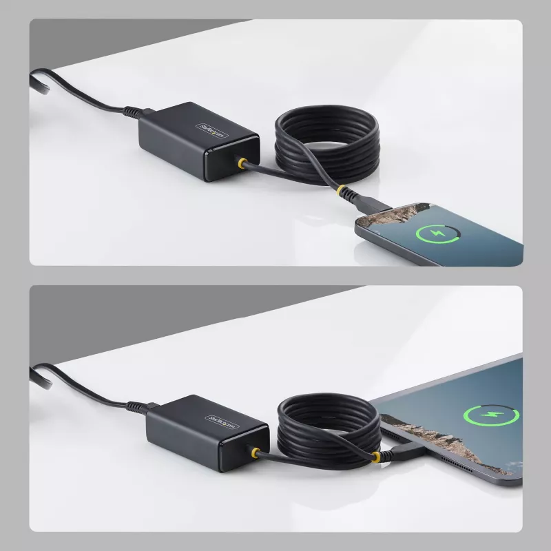 StarTech.com 65W USB-C nešiojamojo kompiuterio įkroviklis, 1,5 m pritvirtintas USB-C kabelis, maitinimo adapterio blokas, skirtas Dell, XPS, HP ProBook, MacBook Pro, Microsoft Surface Pro