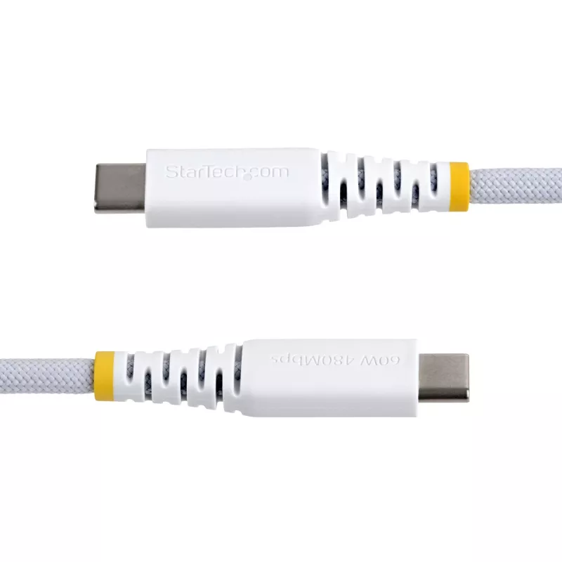 StarTech.com 3m (10ft) baltas USB-C įkrovimo kabelis, 60 W (3 A) PD, dviejų sluoksnių pintas nailonas/TPE apvalkalas, tvirtas USB-C įkrovimo laidas, USB 2.0 nešiojamojo kompiuterio įkroviklio kabelis