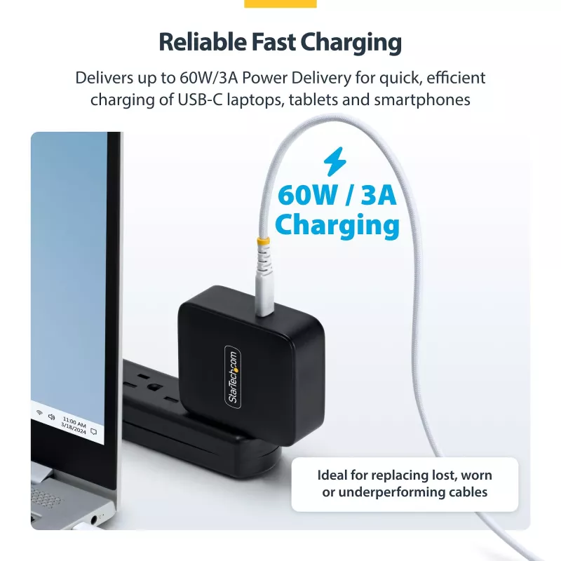 StarTech.com 3m (10ft) baltas USB-C įkrovimo kabelis, 60 W (3 A) PD, dviejų sluoksnių pintas nailonas/TPE apvalkalas, tvirtas USB-C įkrovimo laidas, USB 2.0 nešiojamojo kompiuterio įkroviklio kabelis