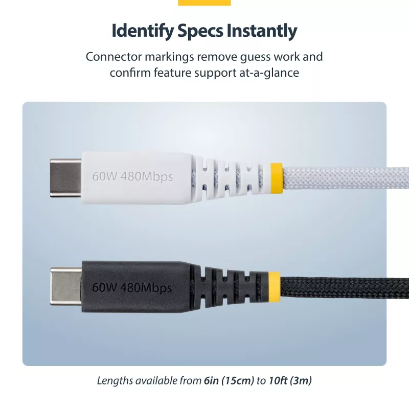 StarTech.com 3m (10ft) baltas USB-C įkrovimo kabelis, 60 W (3 A) PD, dviejų sluoksnių pintas nailonas/TPE apvalkalas, tvirtas USB-C įkrovimo laidas, USB 2.0 nešiojamojo kompiuterio įkroviklio kabelis
