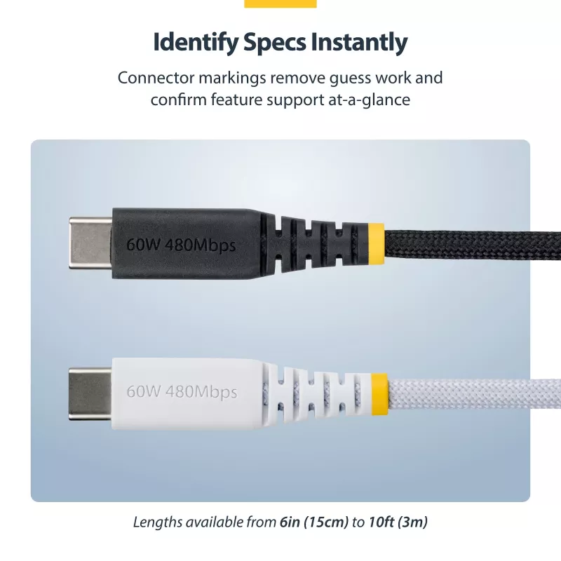 StarTech.com 30 cm USB-C įkrovimo laidas, 60 W (3 A) PD, dvigubo sluoksnio pintas nailono/TPE apvalkalas, tvirtas USB C įkrovimo laidas, USB 2.0 nešiojamojo kompiuterio įkroviklio laidas