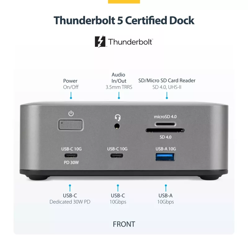 StarTech.com Thunderbolt 5 dokų stotis, DP / HDMI, trijų monitorių dokas iki 4K 144Hz arba dviejų 8K 60Hz, 5x USB prievadai, 140W nešiojamojo kompiuterio įkrovimas