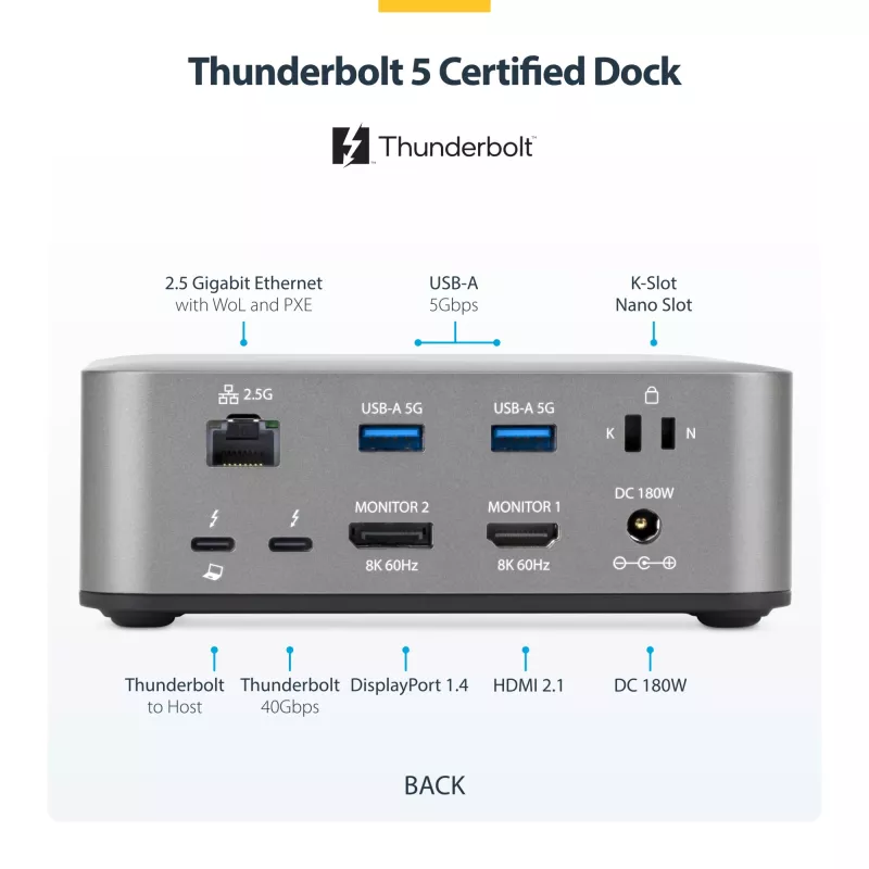 StarTech.com Thunderbolt 5 dokų stotis, DP / HDMI, trijų monitorių dokas iki 4K 144Hz arba dviejų 8K 60Hz, 5x USB prievadai, 140W nešiojamojo kompiuterio įkrovimas