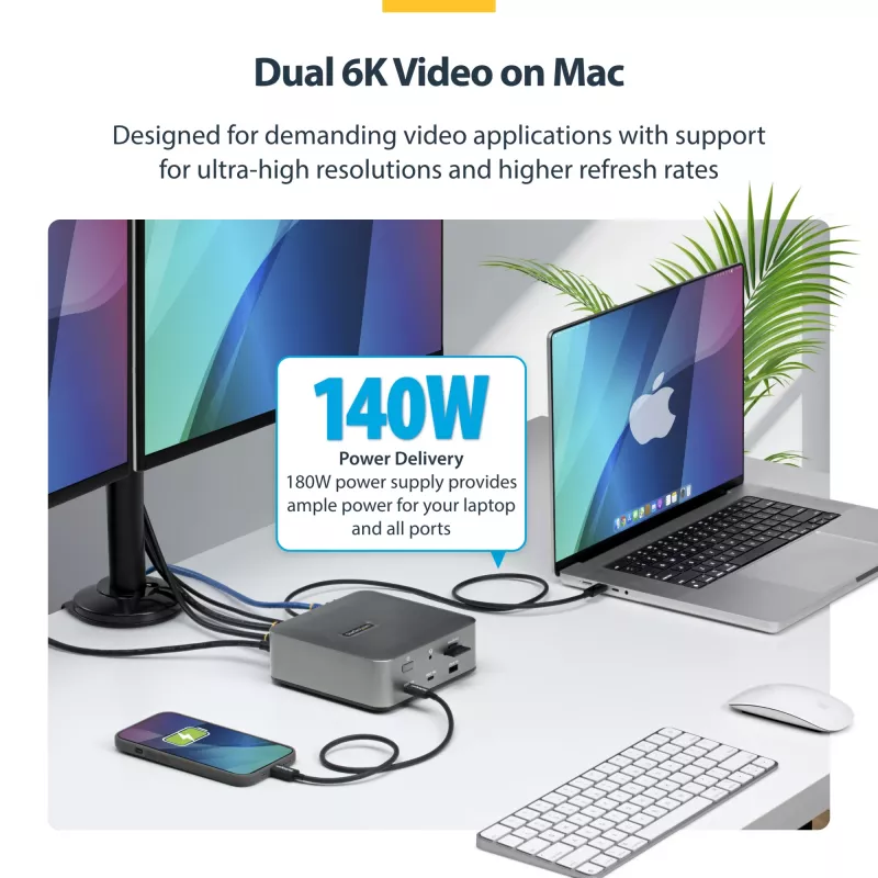 StarTech.com Thunderbolt 5 dokų stotis, DP / HDMI, trijų monitorių dokas iki 4K 144Hz arba dviejų 8K 60Hz, 5x USB prievadai, 140W nešiojamojo kompiuterio įkrovimas