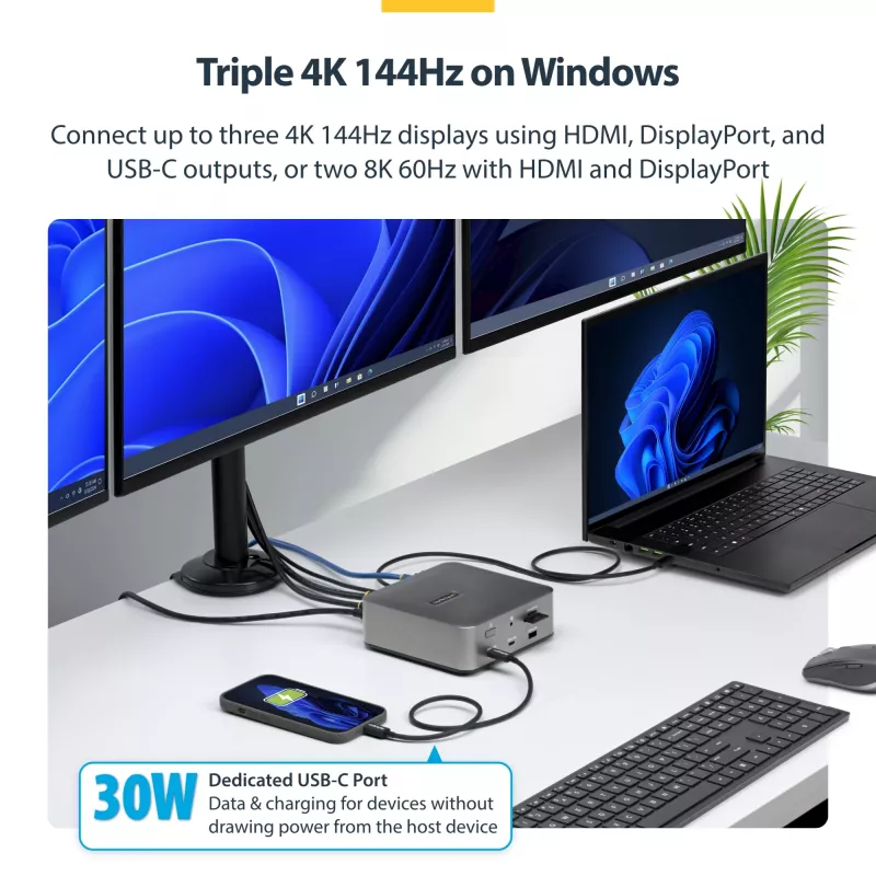 StarTech.com Thunderbolt 5 dokų stotis, DP / HDMI, trijų monitorių dokas iki 4K 144Hz arba dviejų 8K 60Hz, 5x USB prievadai, 140W nešiojamojo kompiuterio įkrovimas