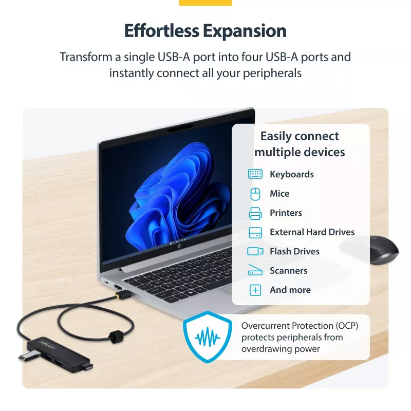 StarTech.com 4-Port USB-A Hub, 5Gbps, Bus Powered, USB-A to 4x USB-A Mini Hub, Extra Long 2ft/61cm Host kabelis, PCR Plastic, Portable Desktop / Laptop USB Hub