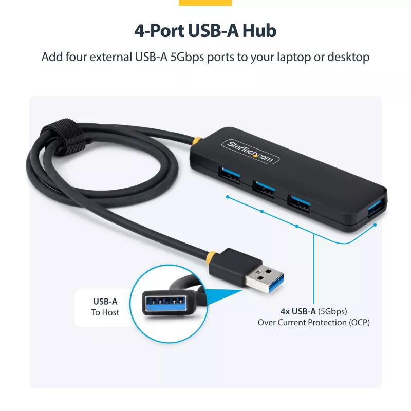 StarTech.com 4-Port USB-A Hub, 5Gbps, Bus Powered, USB-A to 4x USB-A Mini Hub, Extra Long 2ft/61cm Host kabelis, PCR Plastic, Portable Desktop / Laptop USB Hub
