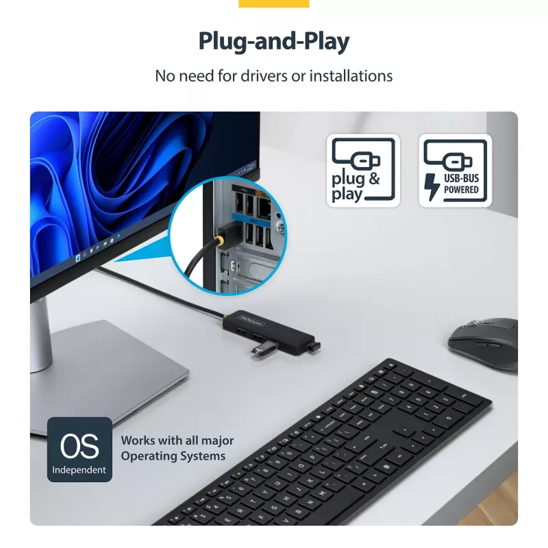 StarTech.com 4-Port USB-A Hub, 5Gbps, Bus Powered, USB-A to 4x USB-A Mini Hub, Extra Long 2ft/61cm Host kabelis, PCR Plastic, Portable Desktop / Laptop USB Hub