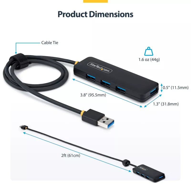 StarTech.com 4-Port USB-A Hub, 5Gbps, Bus Powered, USB-A to 4x USB-A Mini Hub, Extra Long 2ft/61cm Host kabelis, PCR Plastic, Portable Desktop / Laptop USB Hub