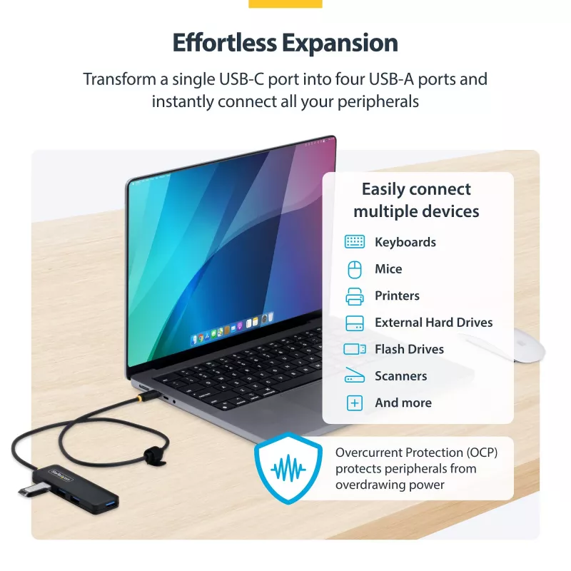 „StarTech.com“ 4 prievadų USB-C šakotuvas, 5 Gbps, maitinamas per magistralę, USB-C į 4x USB-A mini šakotuvas, ypač ilgas 2 pėdų/61 cm prijungimo laidas, PCR plastikas, nešiojamasis staliniams / nešiojamiesiems kompiuteriams skirtas USB šakotuvas