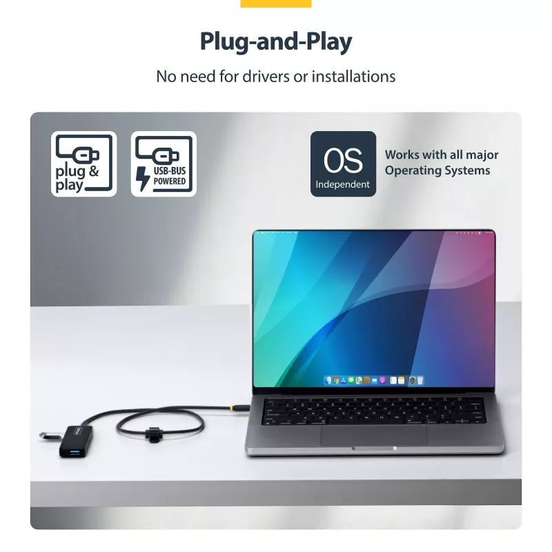 „StarTech.com“ 4 prievadų USB-C šakotuvas, 5 Gbps, maitinamas per magistralę, USB-C į 4x USB-A mini šakotuvas, ypač ilgas 2 pėdų/61 cm prijungimo laidas, PCR plastikas, nešiojamasis staliniams / nešiojamiesiems kompiuteriams skirtas USB šakotuvas