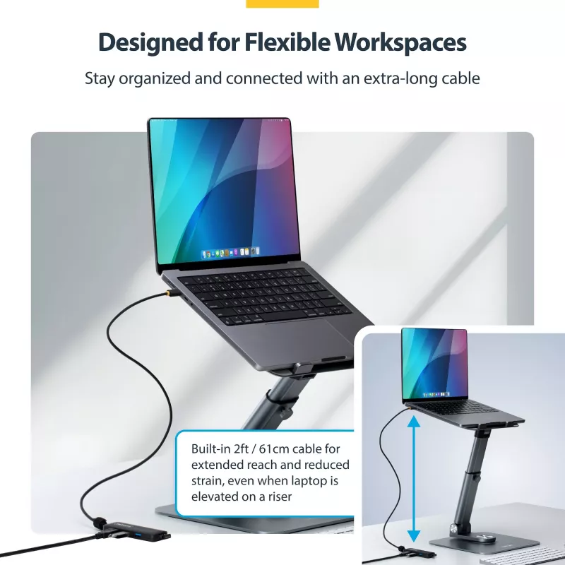 „StarTech.com“ 4 prievadų USB-C šakotuvas, 5 Gbps, maitinamas per magistralę, USB-C į 4x USB-A mini šakotuvas, ypač ilgas 2 pėdų/61 cm prijungimo laidas, PCR plastikas, nešiojamasis staliniams / nešiojamiesiems kompiuteriams skirtas USB šakotuvas