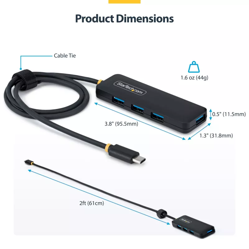 „StarTech.com“ 4 prievadų USB-C šakotuvas, 5 Gbps, maitinamas per magistralę, USB-C į 4x USB-A mini šakotuvas, ypač ilgas 2 pėdų/61 cm prijungimo laidas, PCR plastikas, nešiojamasis staliniams / nešiojamiesiems kompiuteriams skirtas USB šakotuvas