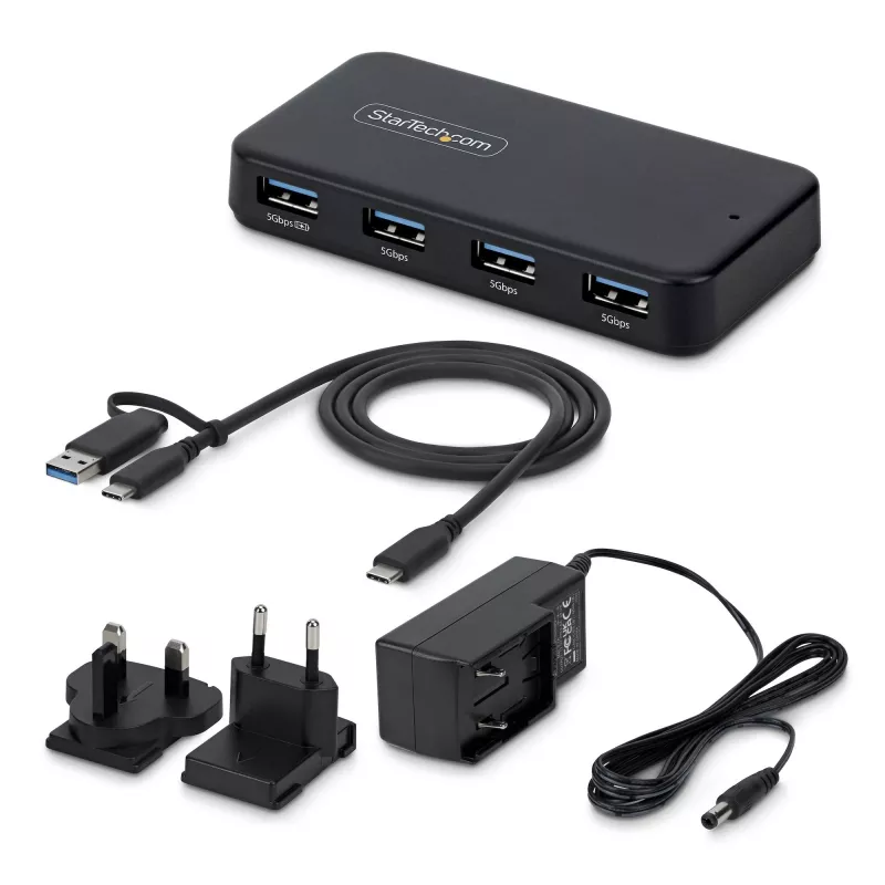 StarTech.com 4-Port USB-A Hub, 5Gbps, Self-Powered, 2-in-1 USB-C and USB-A Host kabelis, 1x BC 1.2 Charging Port, 24W maitinimo adapteris Included, MacBook and Windows