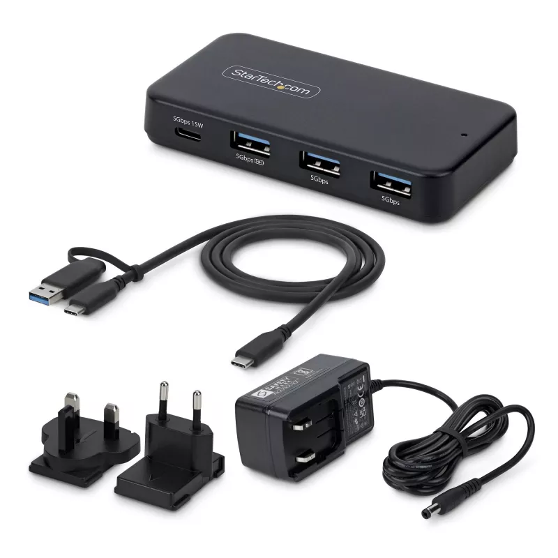 StarTech.com 4 prievadų USB-C ir USB-A šakotuvas, 5 Gbps, su maitinimu, 2-in-1 USB-C ir USB-A prijungimo kabelis, 1x USB-C ir 3x USB-A (1x BC 1.2), pridedamas 36 W maitinimo adapteris