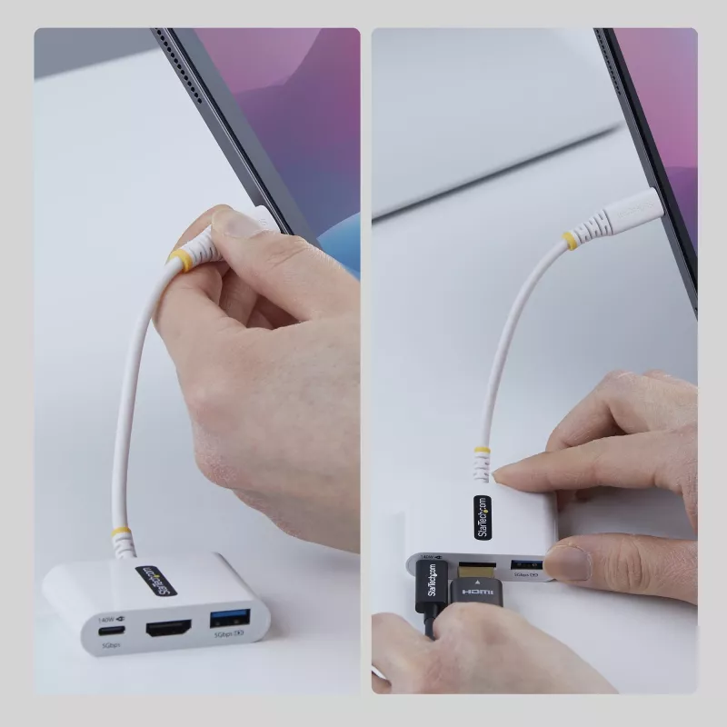 StarTech.com USB-C į HDMI daugiafunkcis adapteris su 140 W PD įkrovimu, 4K 60Hz HDMI, USB 5 Gbps šakotuvu, mini dokas, skirtas MacBook / Dell / Thinkpad / HP / iPad / planšetiniams kompiuteriams