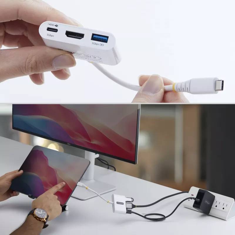 StarTech.com USB-C į HDMI daugiafunkcis adapteris su 140 W PD įkrovimu, 4K 60Hz HDMI, USB 5 Gbps šakotuvu, mini dokas, skirtas MacBook / Dell / Thinkpad / HP / iPad / planšetiniams kompiuteriams
